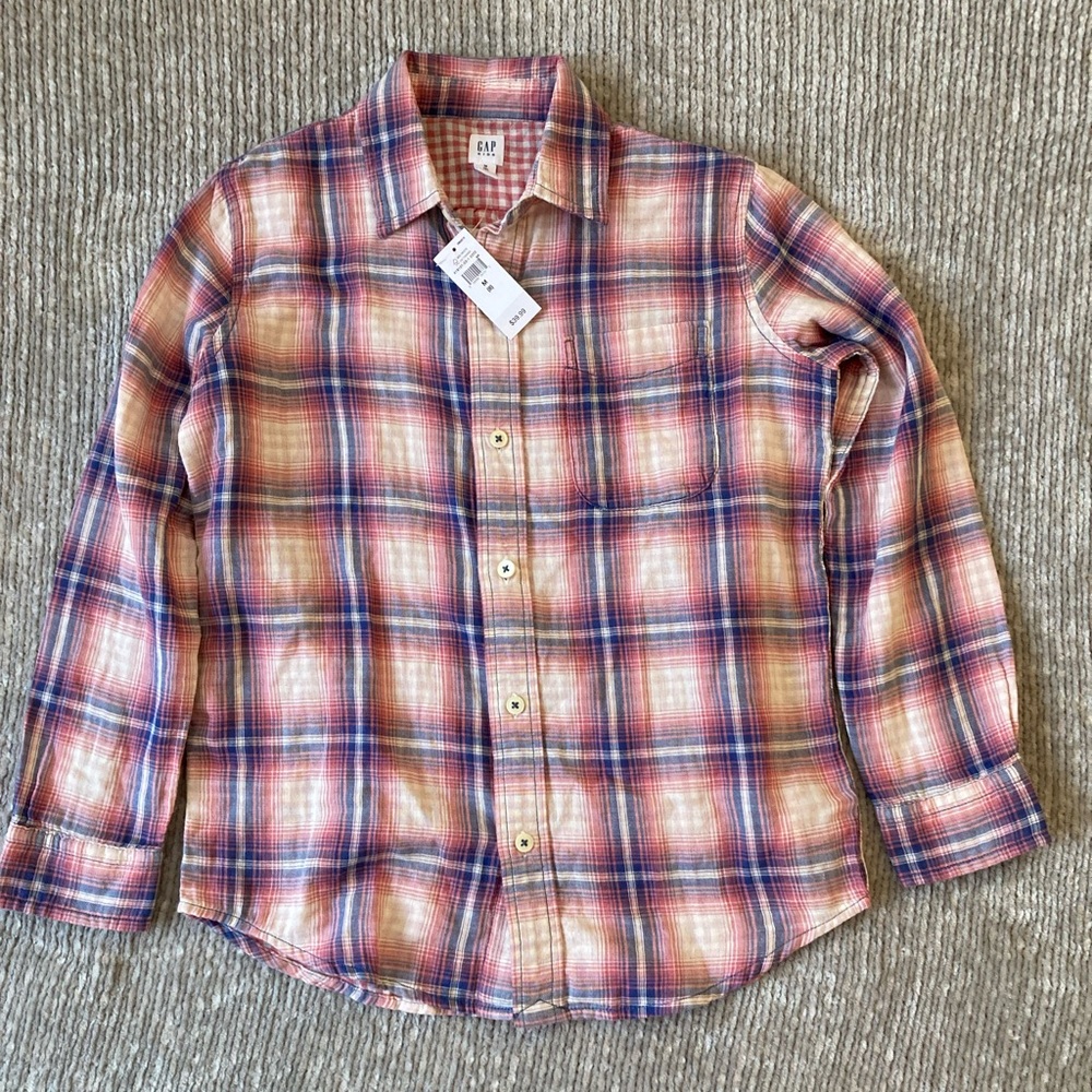 NWT Gap Kids Plaid Button Down Shirt Size 8 Medium Blue Pink Spring‎